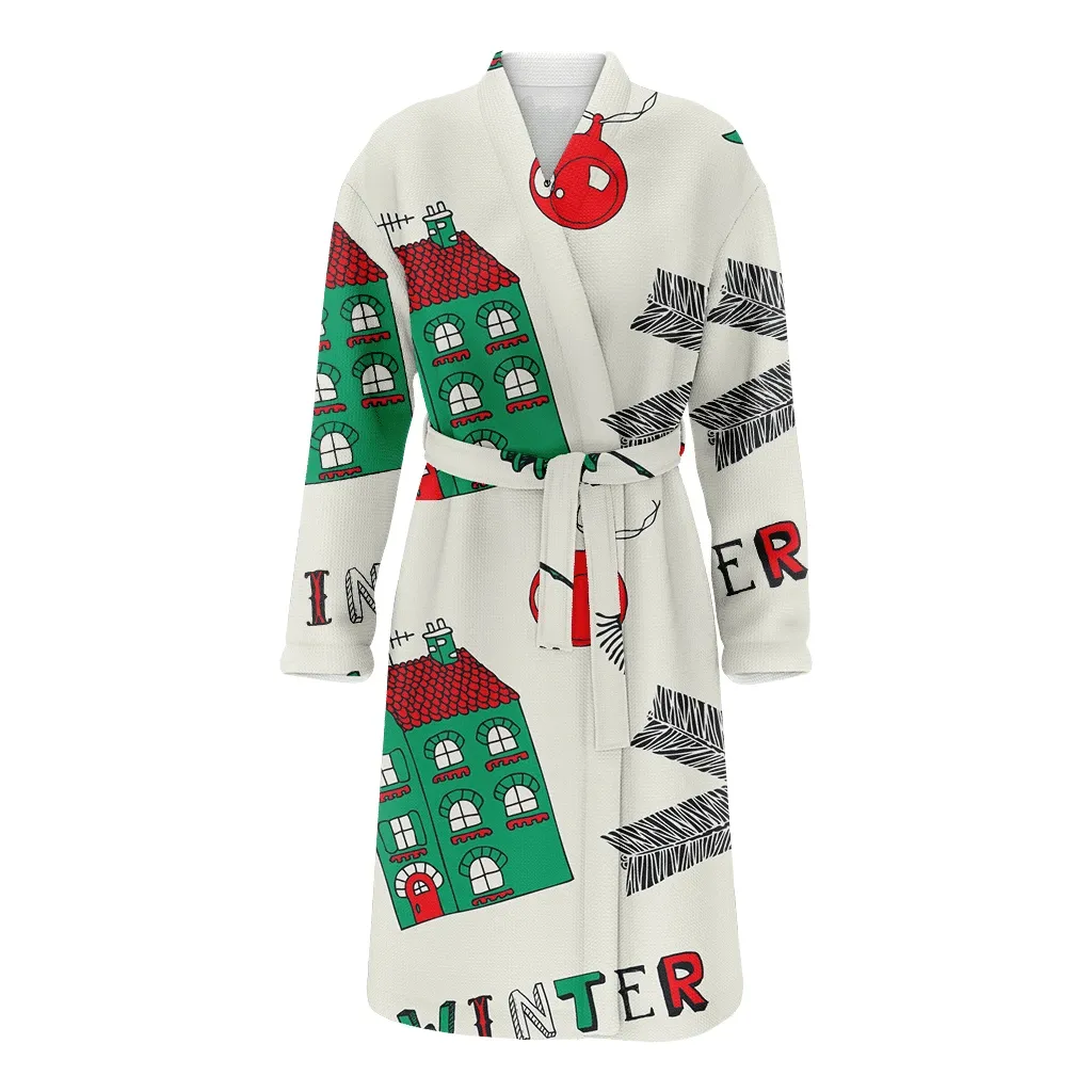 Snowman In Hat And Scarf With House Christmas Gift Tree Family Matching Kimono Bathrobe Satin Fleece Robe