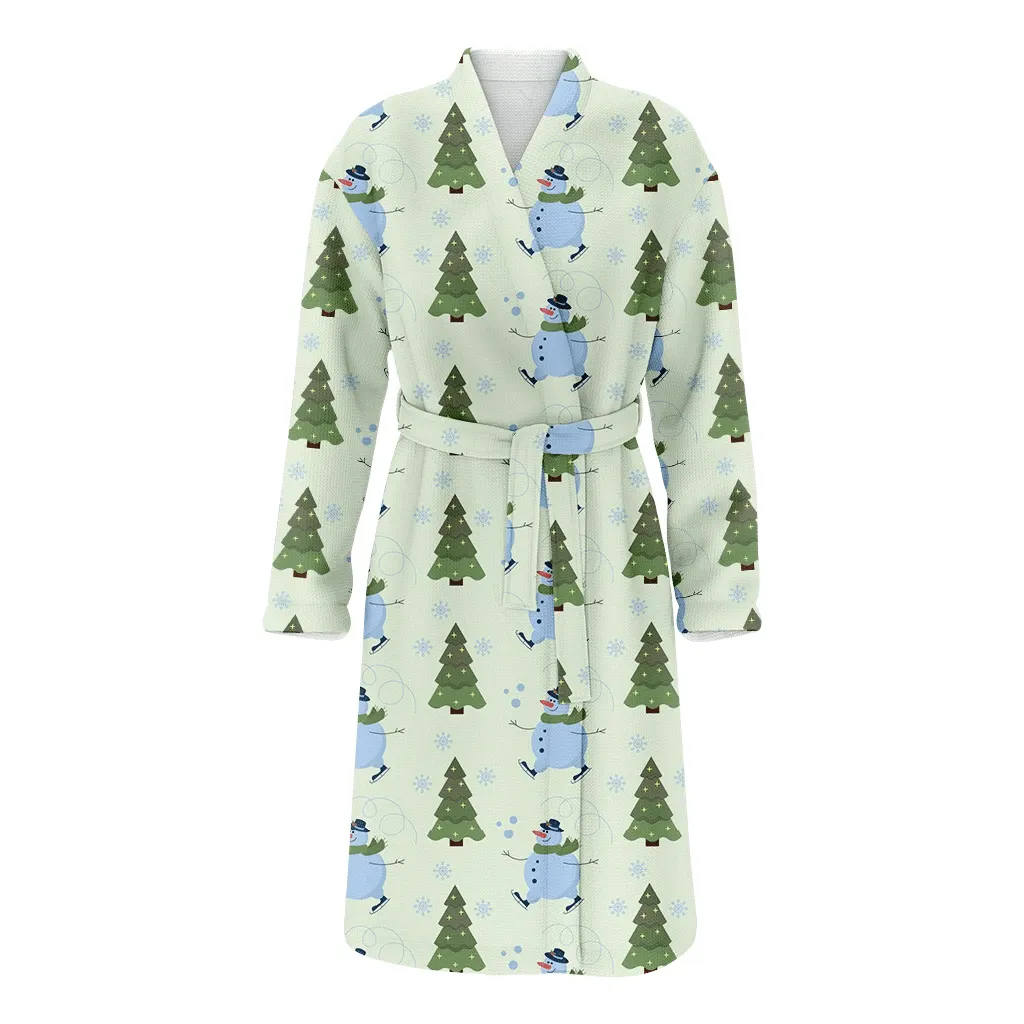 Snowman Skating Near The Christmas Tree With Snowflakes Family Matching Kimono Bathrobe Satin Fleece Robe