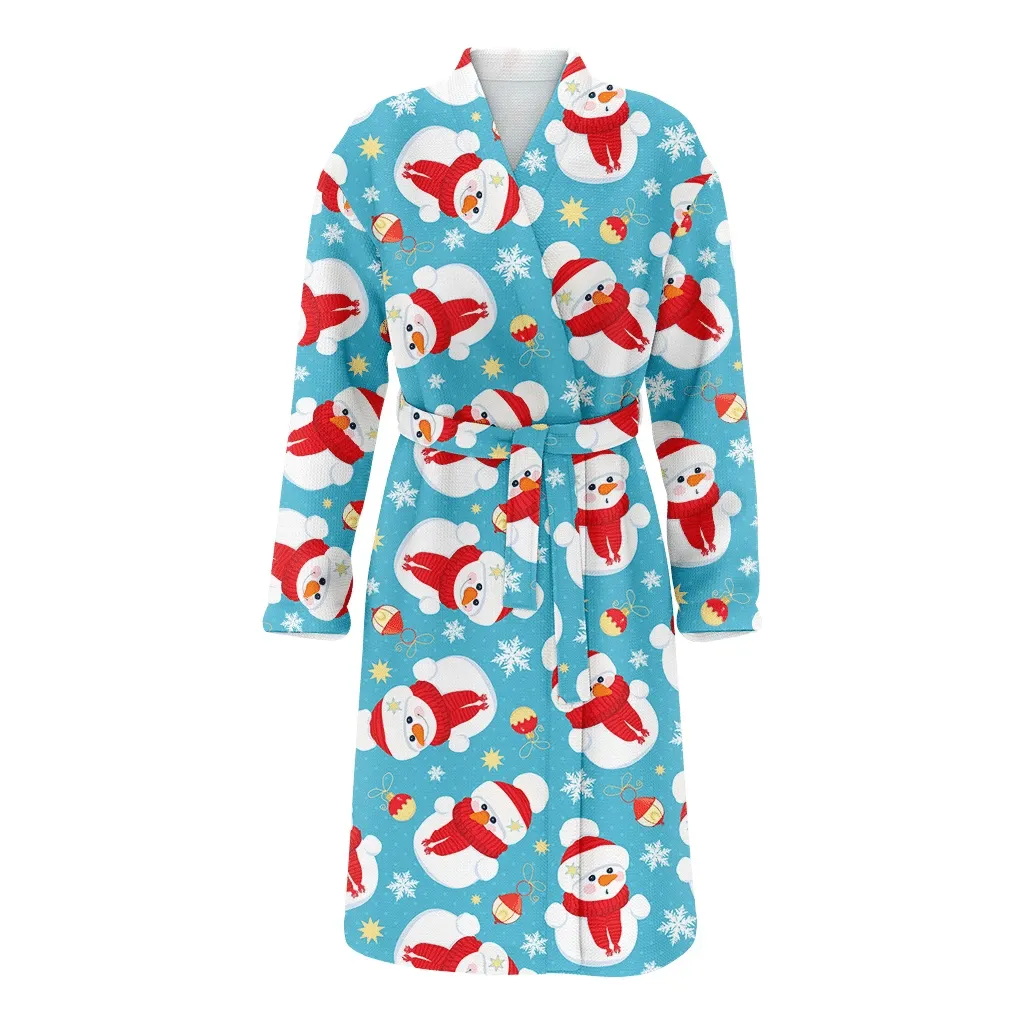 Snowmen In Hat And Scarve Christmas Balls And Lanterns Family Matching Kimono Bathrobe Satin Fleece Robe