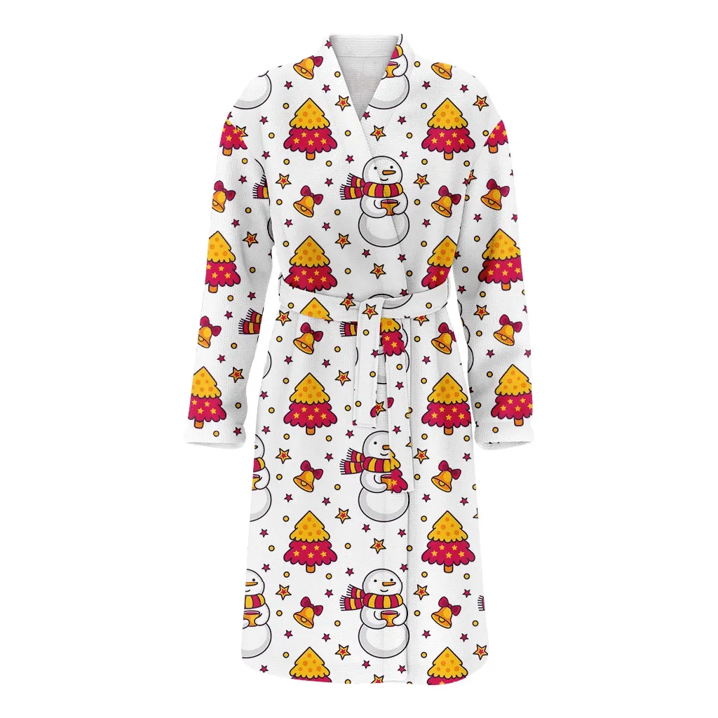 Snowmen In Scarf With Bell Stars And Xmas Trees Christmas Gift Family Matching Kimono Bathrobe Satin Fleece Robe