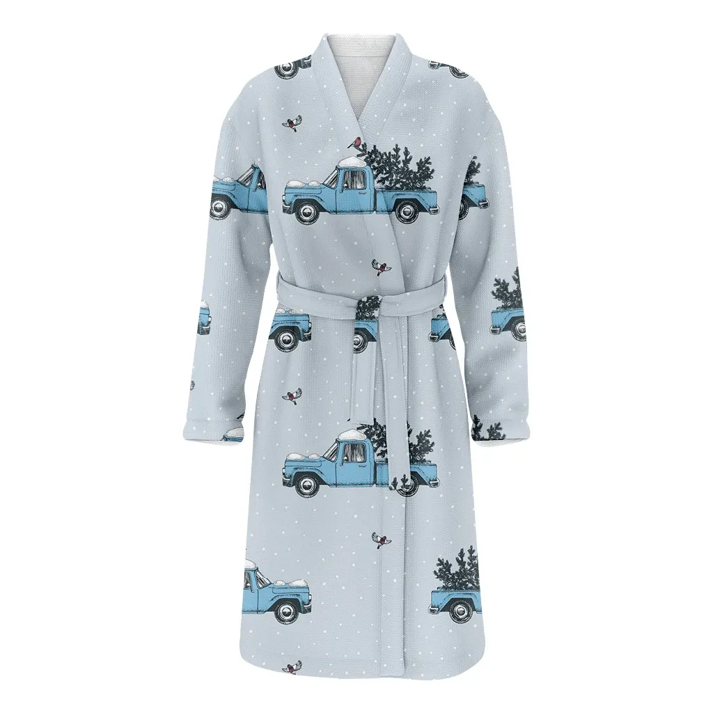 Snowy Winter Christmas Gift Blue Trucks Carrying Trees Pattern Family Matching Kimono Bathrobe Satin Fleece Robe