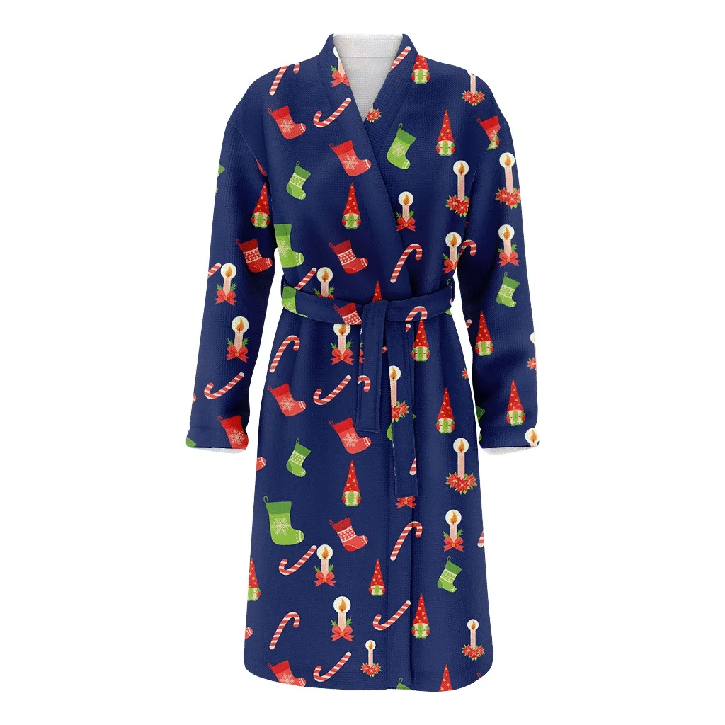 Socks Gnome Candle And Christmas Gift Candy Cane Family Matching Kimono Bathrobe Satin Fleece Robe