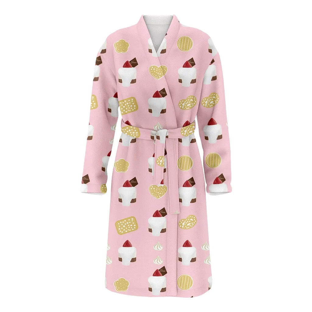 Strawberry Cheese Cake Piece With Cookie On Pink Background Christmas Gift Family Matching Kimono Bathrobe Satin Fleece Robe