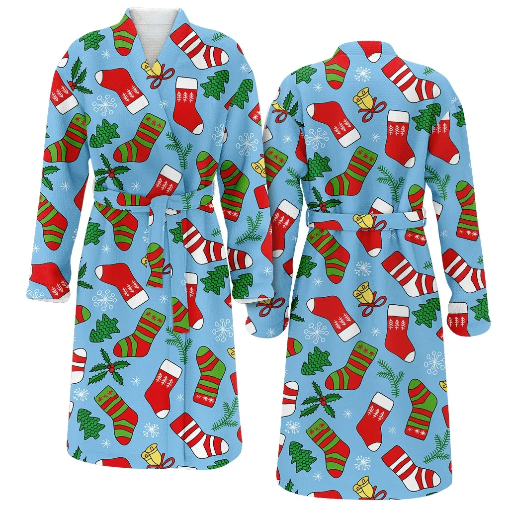 Striped Socks With Christmas Gift Trees Snowflakes Bells Holly Family Matching Kimono Bathrobe Satin Fleece Robe