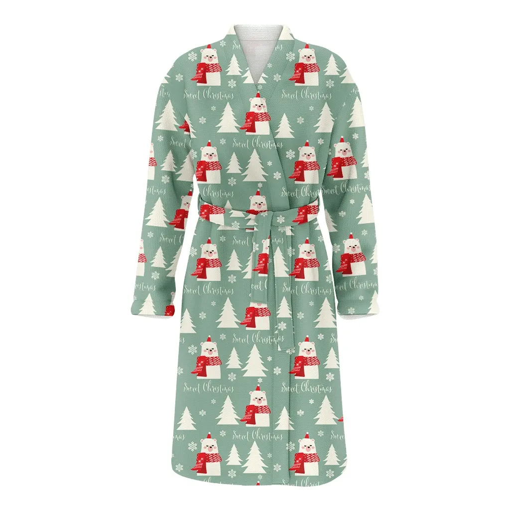 Sweet Christmas Gift With Fir Tree And Bear In Scarf Family Matching Kimono Bathrobe Satin Fleece Robe