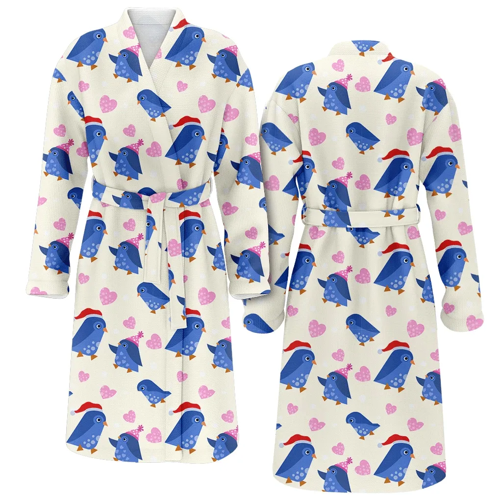 Theme Christmas Cute Blue Penguin Wear Hat With Heart Shape Family Matching Kimono Bathrobe Satin Fleece Robe