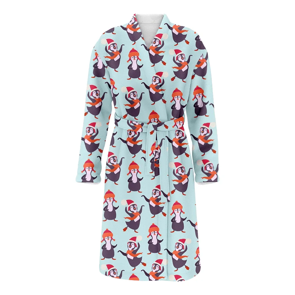 Theme Christmas Hand Drawn With Dancing Penguins Family Matching Kimono Bathrobe Satin Fleece Robe
