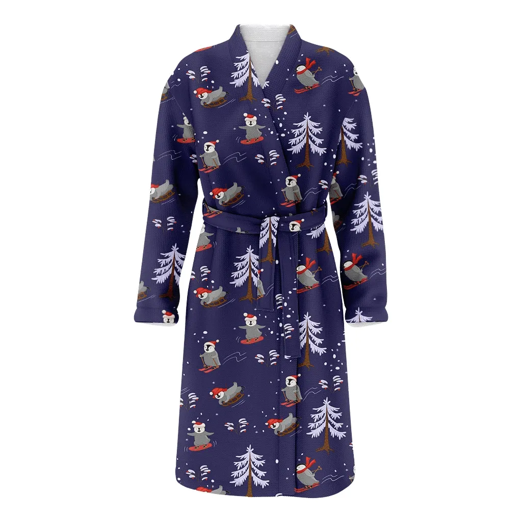 Theme Christmas Happiness Skiers Penguins And Ice Tree Family Matching Kimono Bathrobe Satin Fleece Robe
