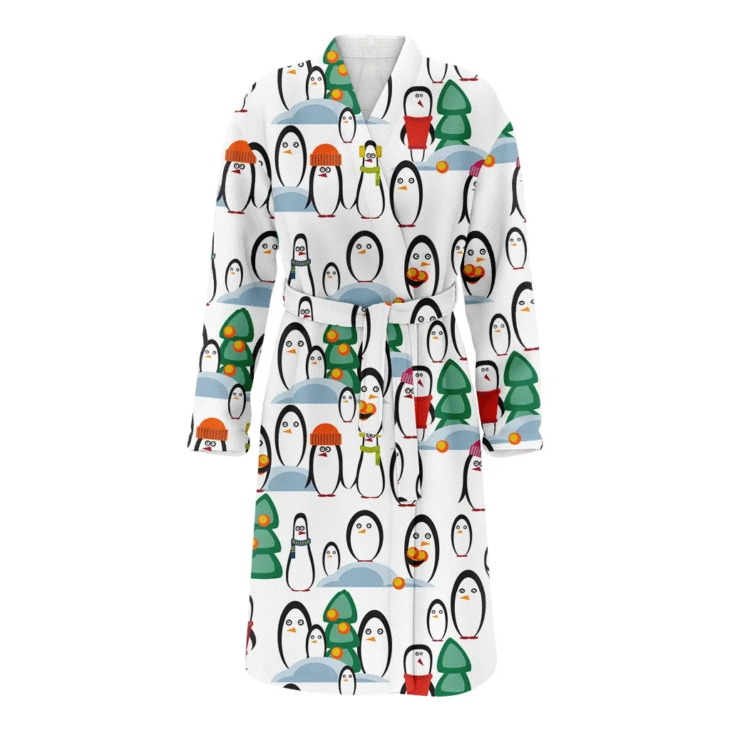 Theme Christmas Penguin And Snow Party Family Matching Kimono Bathrobe Satin Fleece Robe