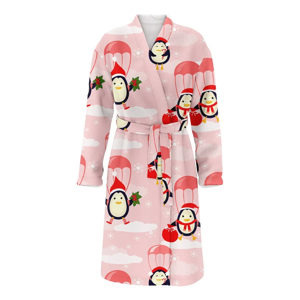 Theme Christmas Penguins Fly In The Sky Cartoon Family Matching Kimono Bathrobe Satin Fleece Robe