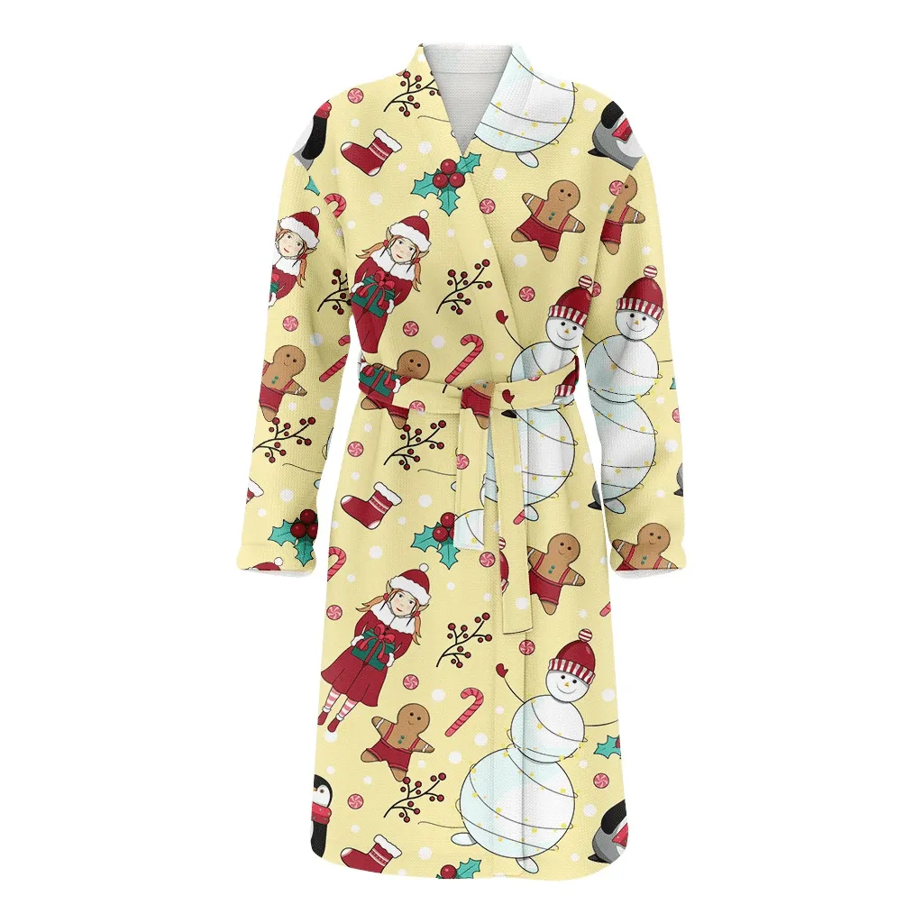 Theme Christmas Penguins Man Cookies Lollipop And Sock Family Matching Kimono Bathrobe Satin Fleece Robe