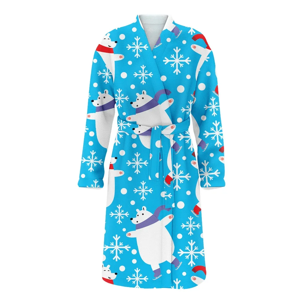 Theme Christmas Skating Polar Bears On Blue Family Matching Kimono Bathrobe Satin Fleece Robe