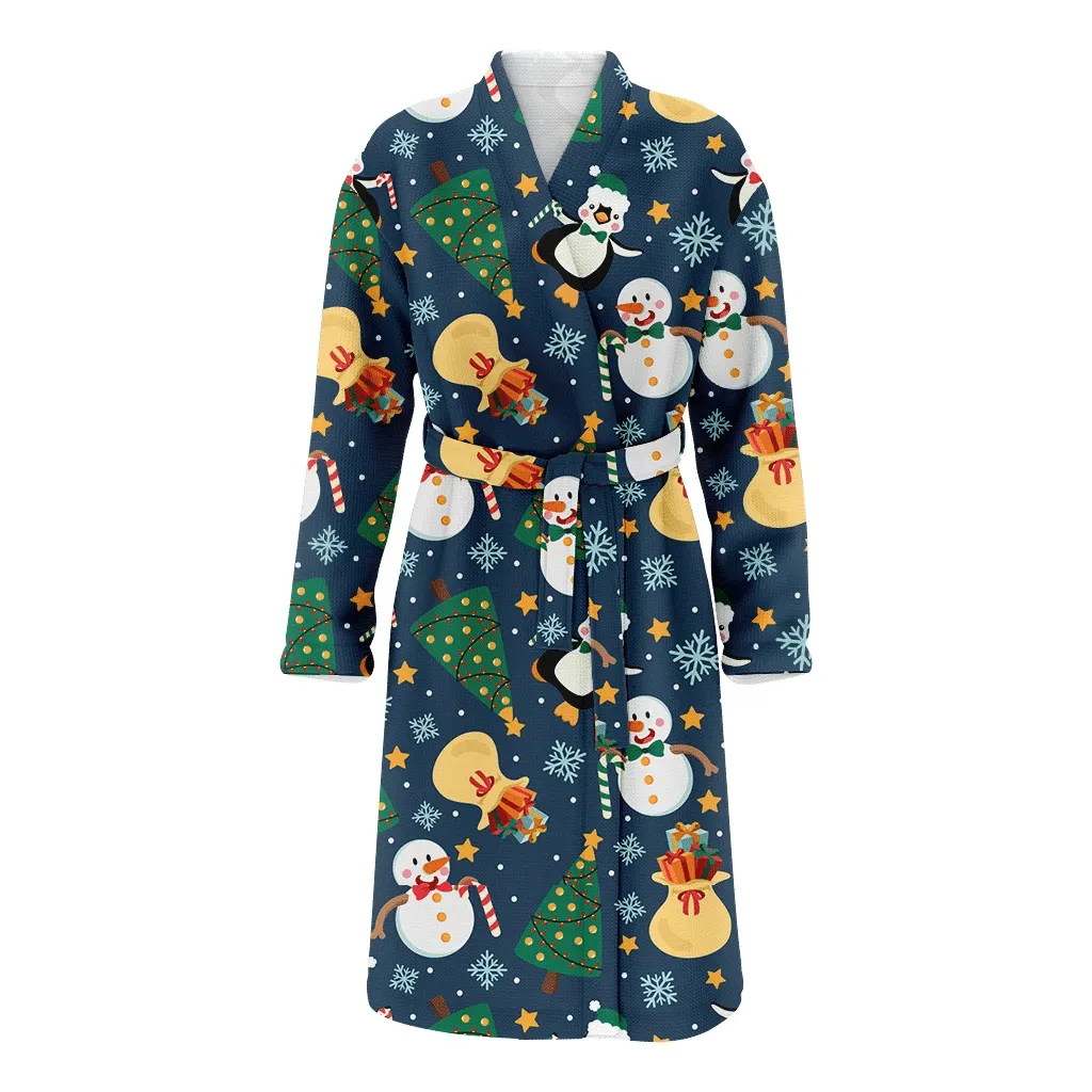 Theme Christmas With Penguin And Snowman Family Matching Kimono Bathrobe Satin Fleece Robe