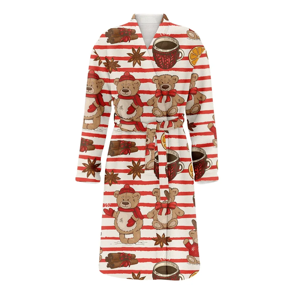 Theme Christmas With Teddy Bears Cups And Spices Family Matching Kimono Bathrobe Satin Fleece Robe