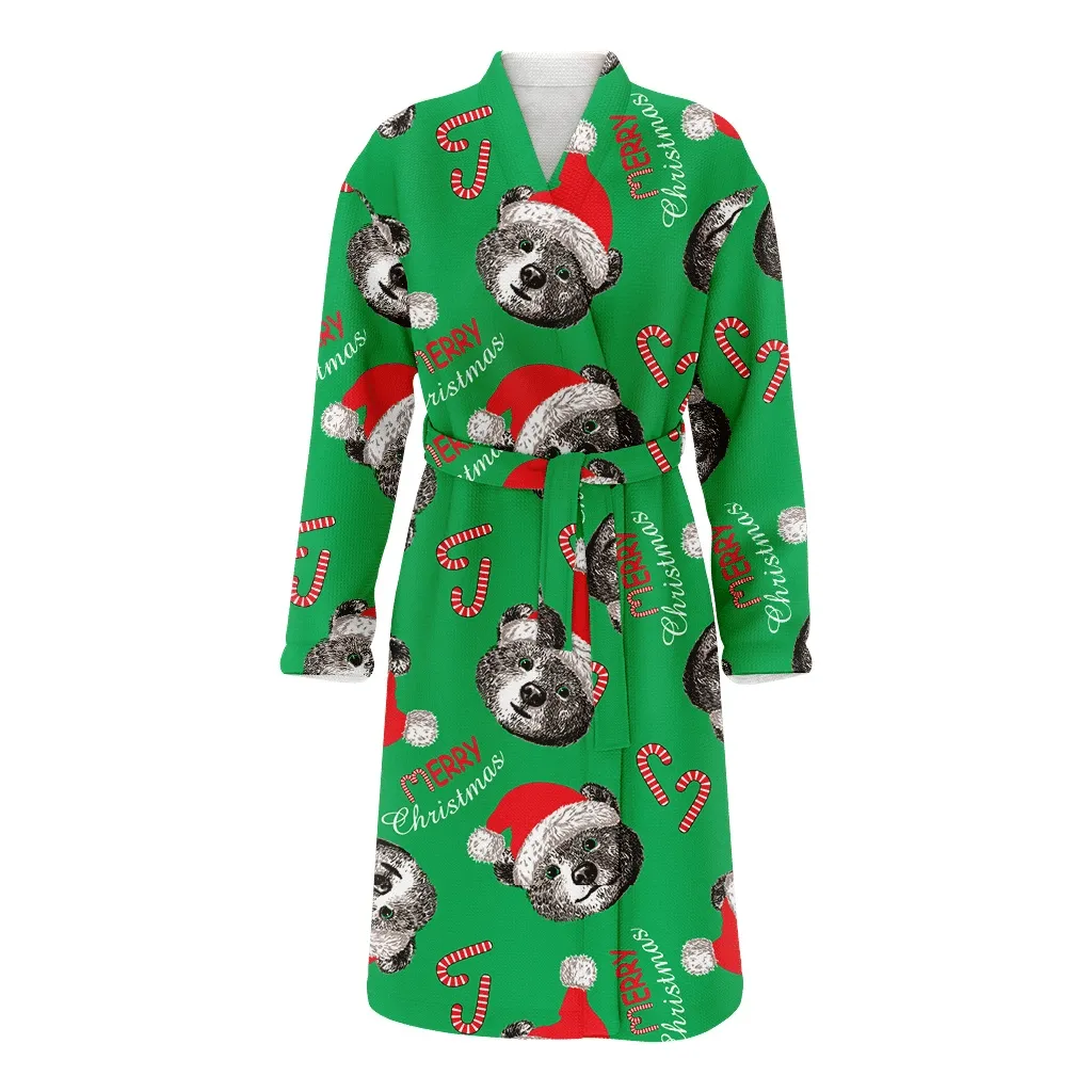 Theme Cute Hand Drawn Grizzly Brown Bear Face With Santa Hat Christmas Family Matching Kimono Bathrobe Satin Fleece Robe
