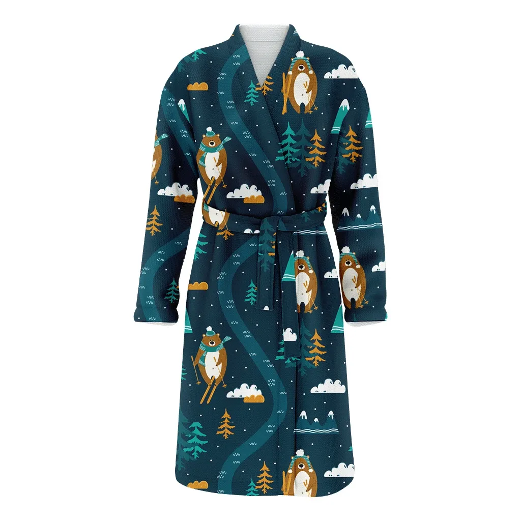 Theme Festival Bear Ski In New Year Forest Christmas Family Matching Kimono Bathrobe Satin Fleece Robe