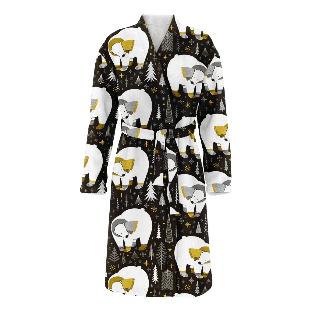Theme Festival Christmas Hand Drawn With Polar Bears Family Matching Kimono Bathrobe Satin Fleece Robe