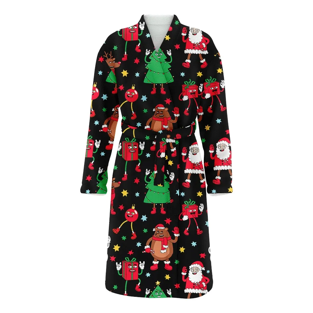 Theme Festival With Snowman Reindeer Christmas Tree And Bear Family Matching Kimono Bathrobe Satin Fleece Robe