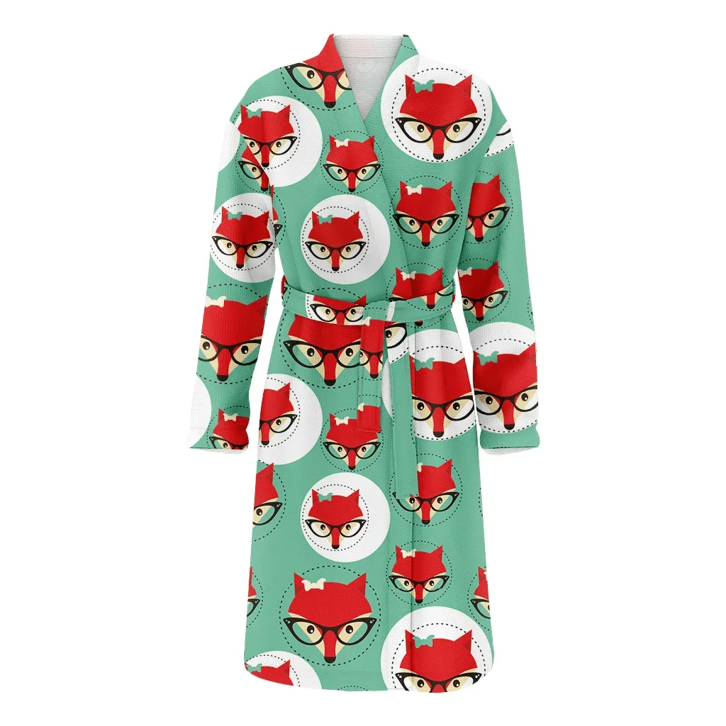 Theme Red With Foxes Faces In Glasses Christmas Family Matching Kimono Bathrobe Satin Fleece Robe