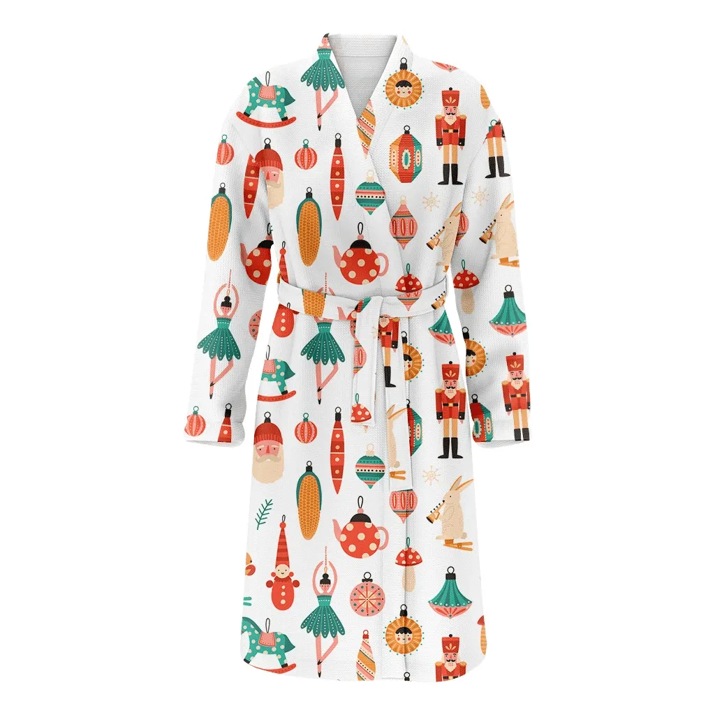 Traditional Winter Holiday Cartoon Toys Illustration Nutcrackers Christmas Family Matching Kimono Bathrobe Satin Fleece Robe