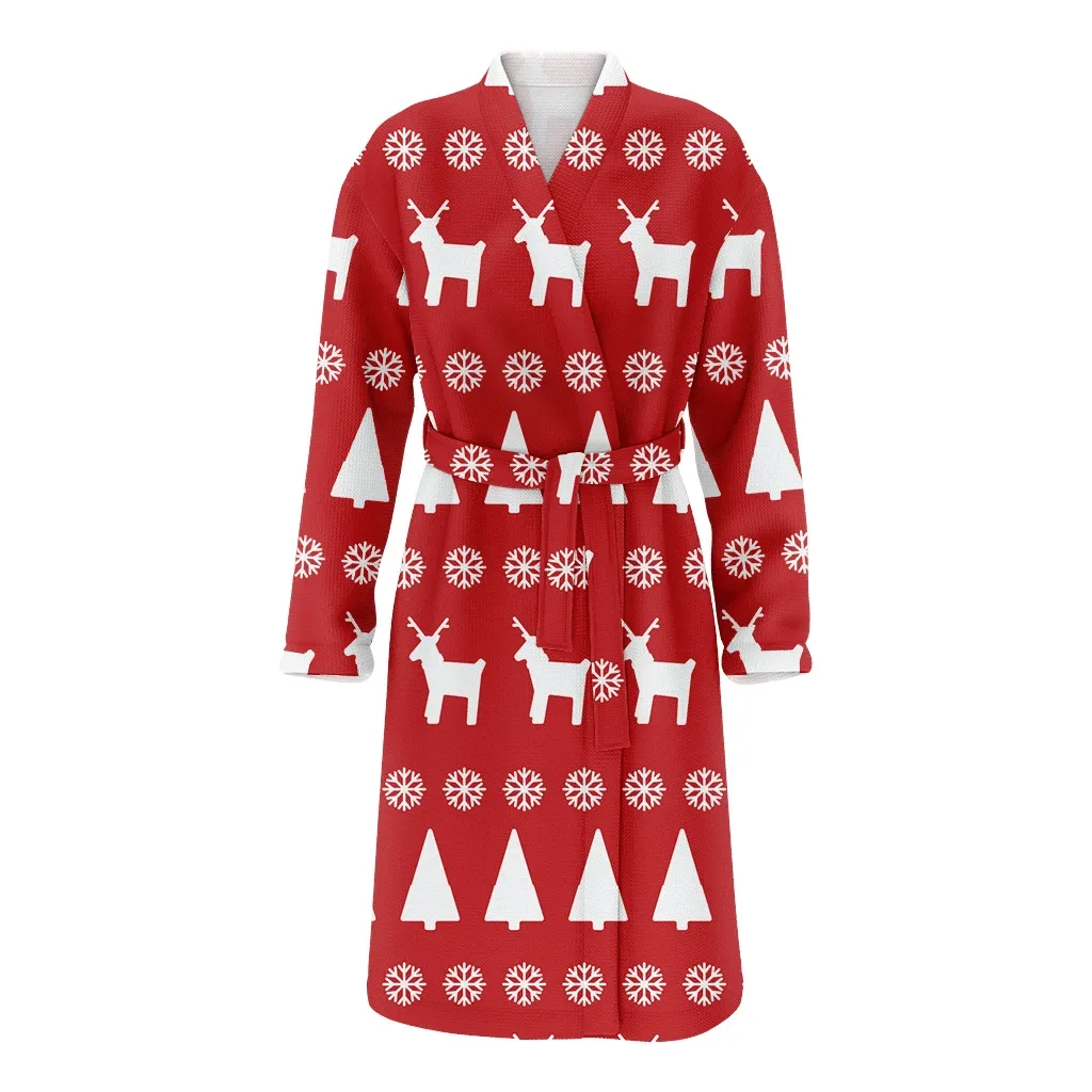 Trendy Illustrated Deerr Fir Trees And Snowflakes On Red Background Christmas Family Matching Kimono Bathrobe Satin Fleece Robe