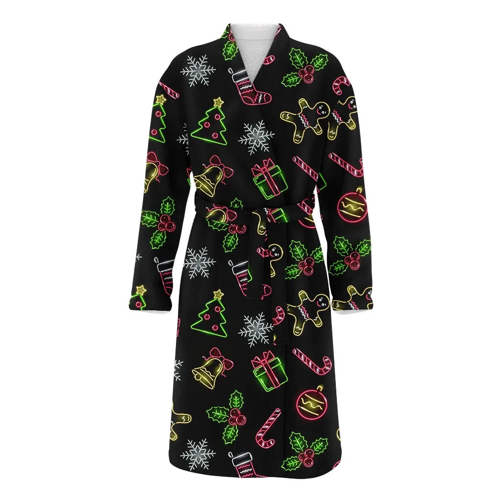 Trendy Neon Icons With Gingerbread Man Giftbox And Balls Christmas Family Matching Kimono Bathrobe Satin Fleece Robe