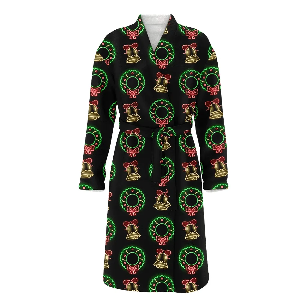 Trendy Neon Light Icons In The Shape Of Wreath And Bell Christmas Family Matching Kimono Bathrobe Satin Fleece Robe