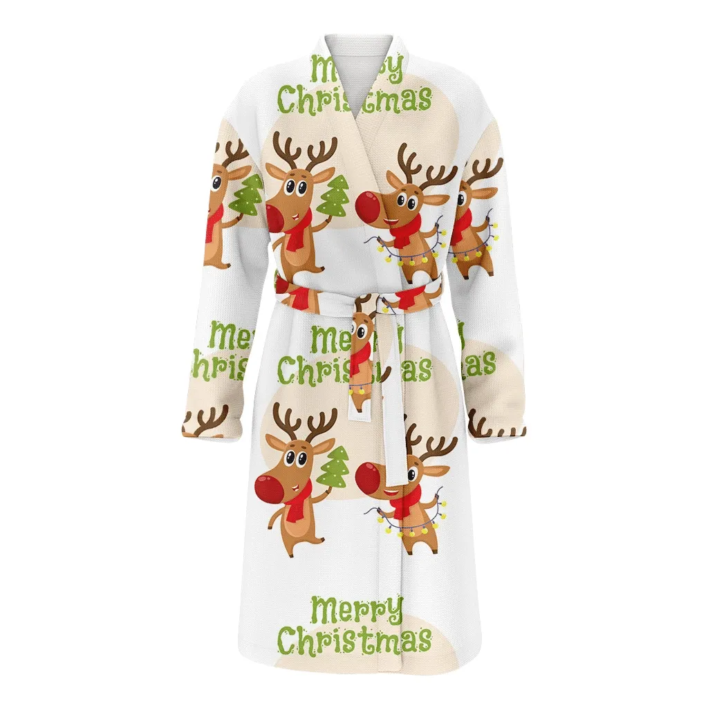 Two Deer In Scarf Holding Christmas Gift Tree And Electric Garland Family Matching Kimono Bathrobe Satin Fleece Robe