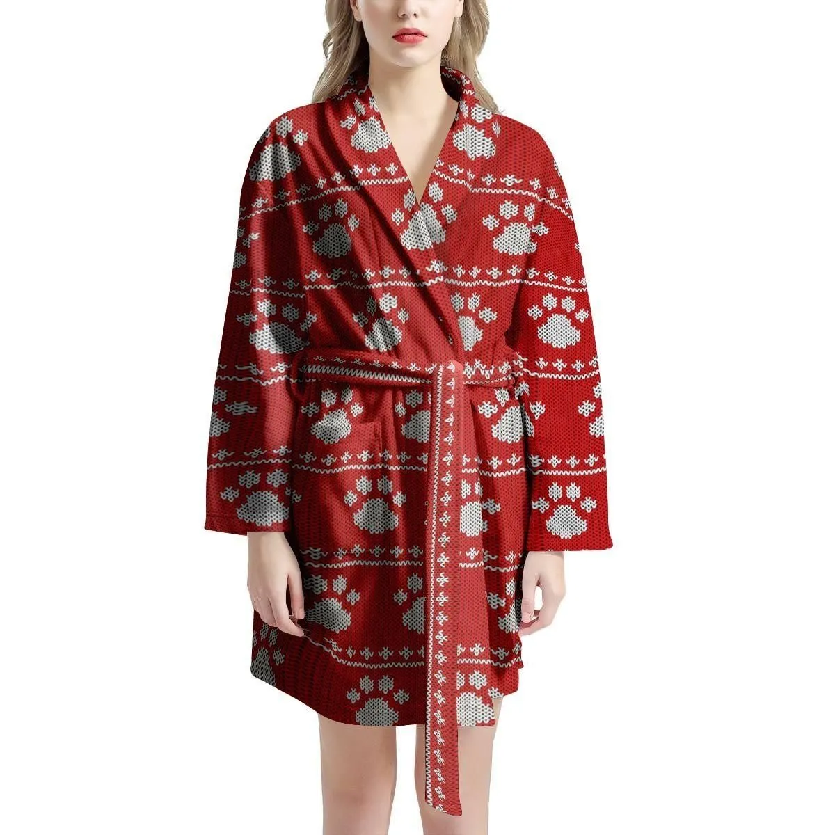 Ugly Christmas Paw Red And Grey Family Matching Kimono Bathrobe Satin Fleece Robe