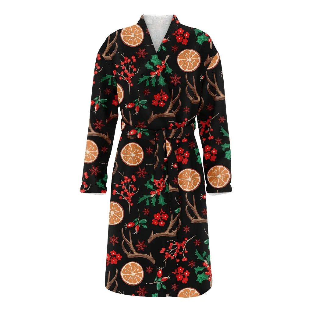 Unique Christmas Pattern With Holly Berries Branches And Ornage Sliced Family Matching Kimono Bathrobe Satin Fleece Robe