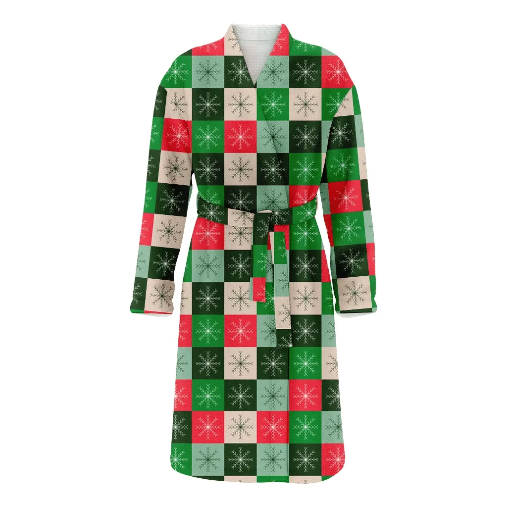 Various Square Colorblocks With Snowflakes Ornated Christmas Family Matching Kimono Bathrobe Satin Fleece Robe