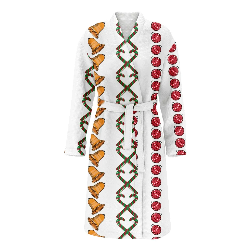 Vertical Borders Christmas Decoration With Candy Cane Ring Bell Family Matching Kimono Bathrobe Satin Fleece Robe