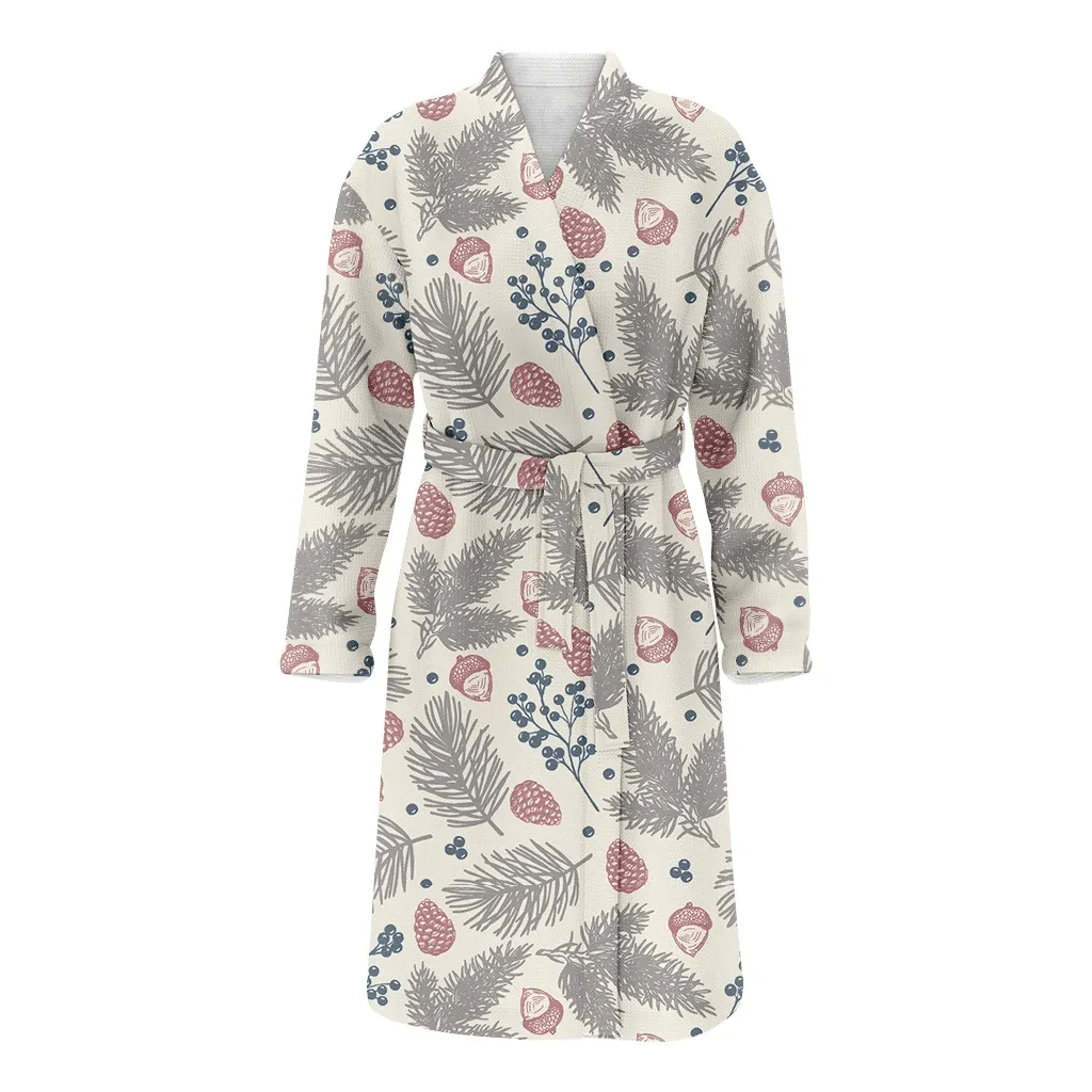 Vintage Beige Background Tree Beach Branches Cones Berries Christmas Family Matching Kimono Bathrobe Satin Fleece Robe