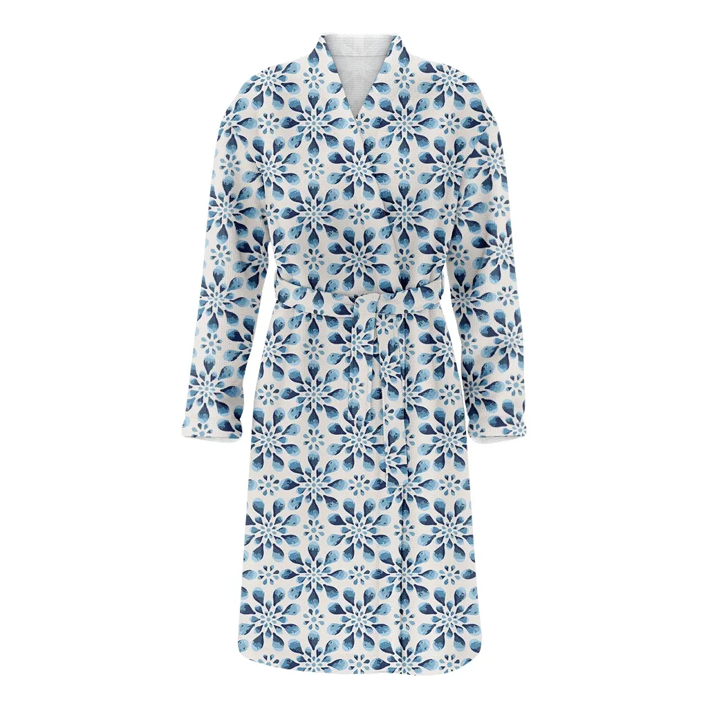 Vintage Blue Flowers Snowflakes On Beige Background Christmas Family Matching Kimono Bathrobe Satin Fleece Robe