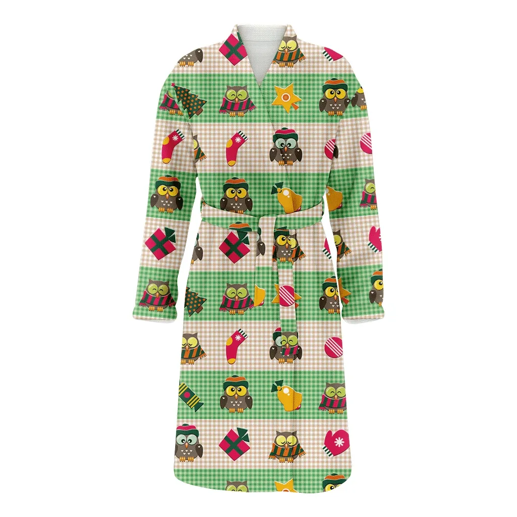 Vintage Checkered Background With Xmas Icons Cartoon Christmas Family Matching Kimono Bathrobe Satin Fleece Robe