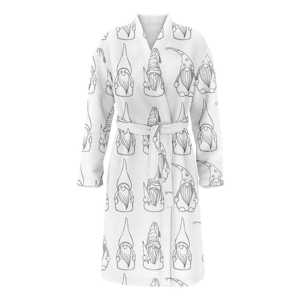 Vintage Hand Drawn Christmas Gnomes Characters Family Matching Kimono Bathrobe Satin Fleece Robe