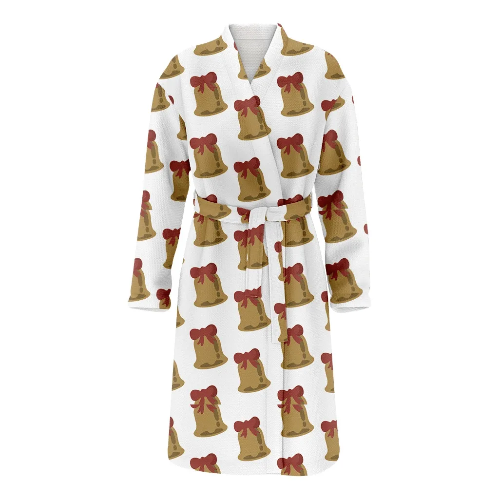 Watercolor Brown Bells With Red Bow White Background Christmas Family Matching Kimono Bathrobe Satin Fleece Robe