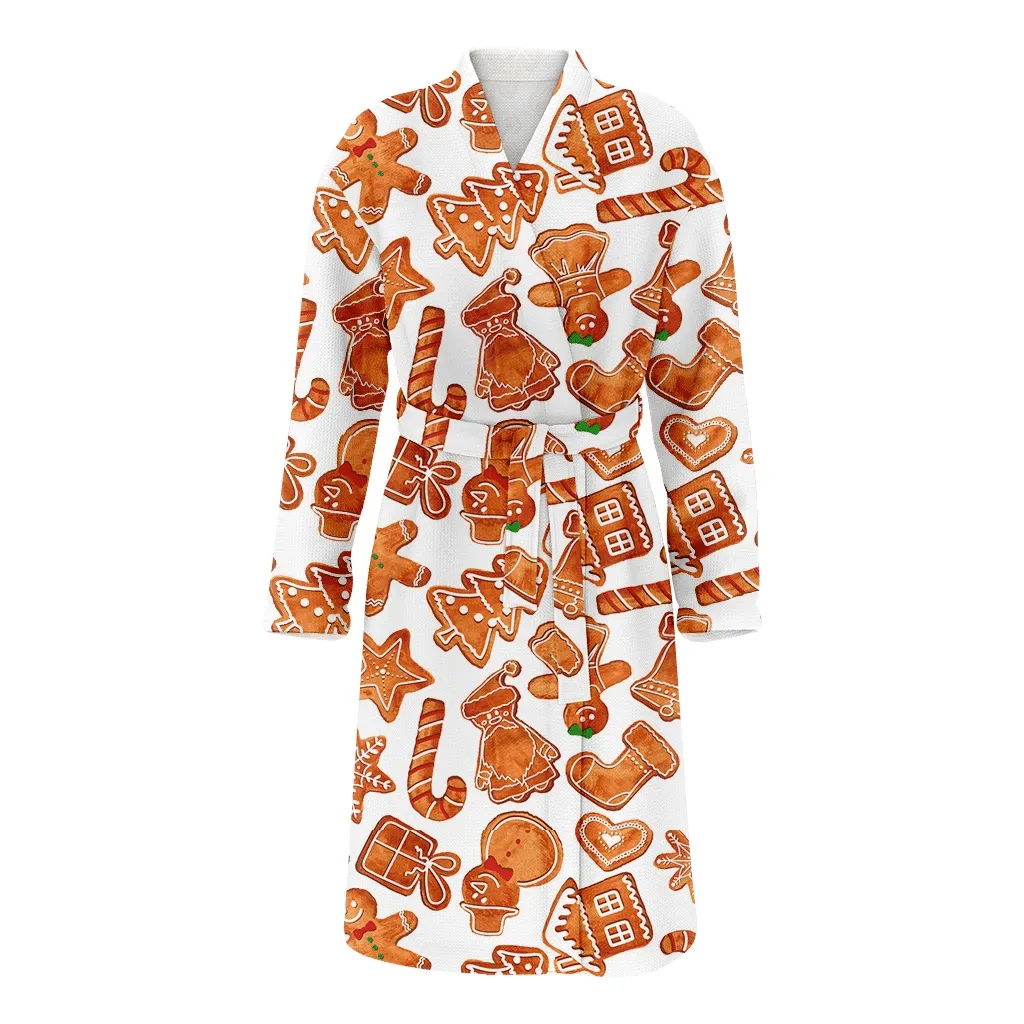 Watercolor Brown Cookies Gingerbread Man Illustration Christmas Gift Family Matching Kimono Bathrobe Satin Fleece Robe