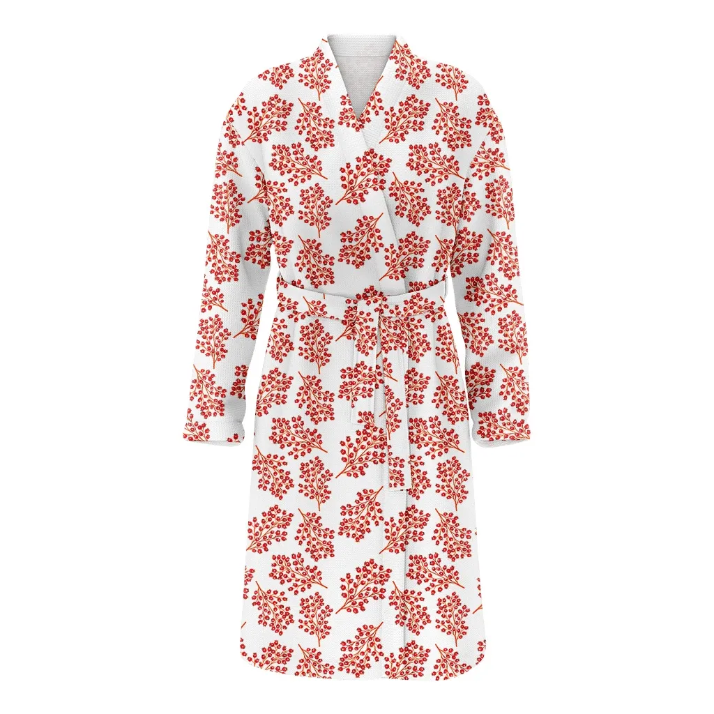 Watercolor Illustration Pattern Of Leaves And Red Berries Christmas Family Matching Kimono Bathrobe Satin Fleece Robe