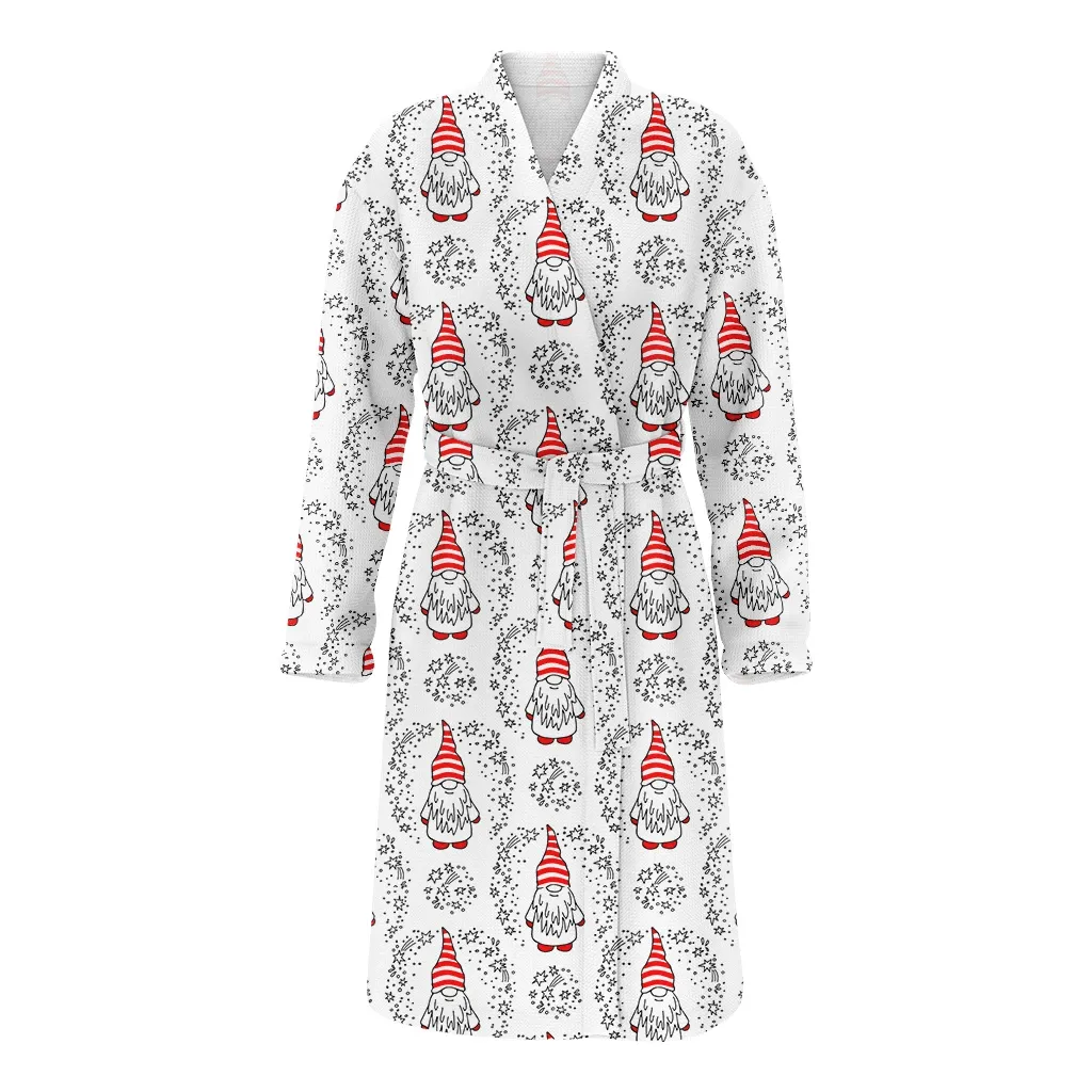 White And Red Gnomes And Stars Doodle Style Christmas Family Matching Kimono Bathrobe Satin Fleece Robe