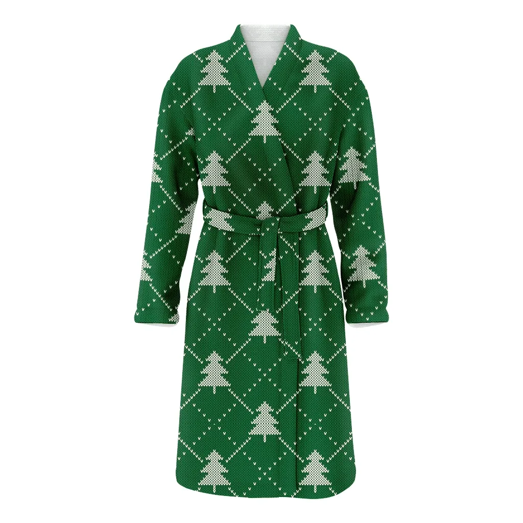White Christmas Gift Trees On Green Background Family Matching Kimono Bathrobe Satin Fleece Robe