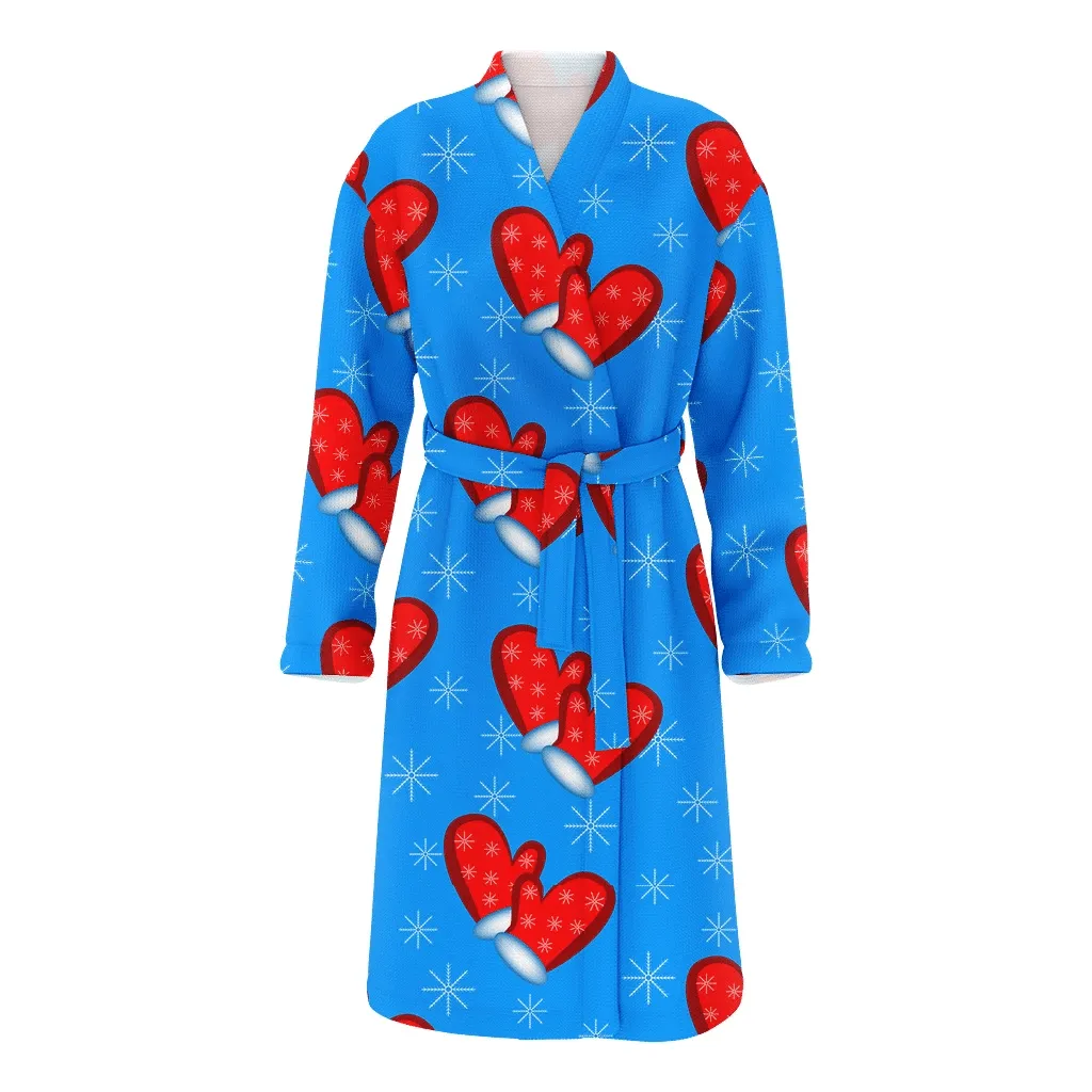White Icing Snowflakes With Pair Of Red Mittens Christmas Gift Family Matching Kimono Bathrobe Satin Fleece Robe