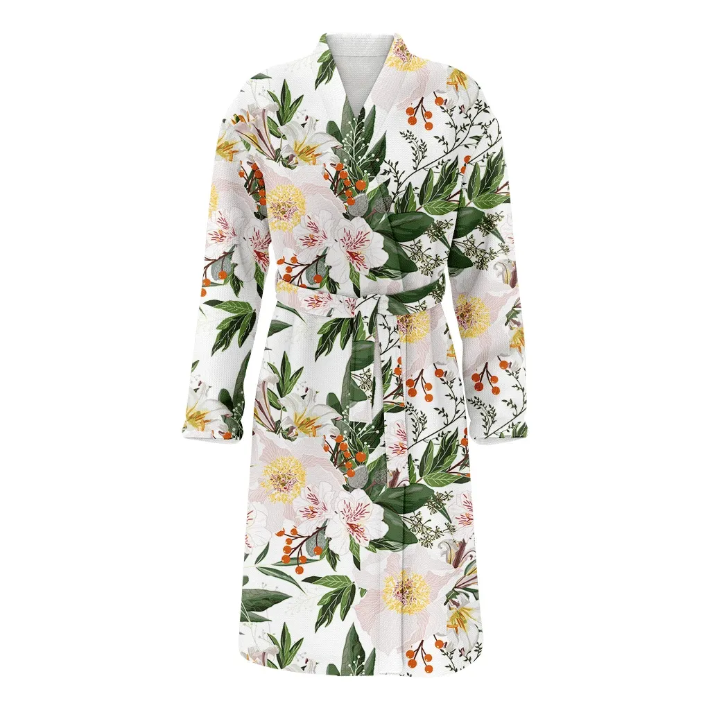 White Peony Flowers With Orange Christmas Gift Berries Family Matching Kimono Bathrobe Satin Fleece Robe