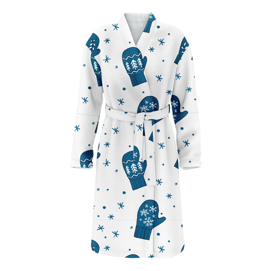 White Xmas Pattern With Blue Snowflakes And Tree Mittens Christmas Gift Family Matching Kimono Bathrobe Satin Fleece Robe