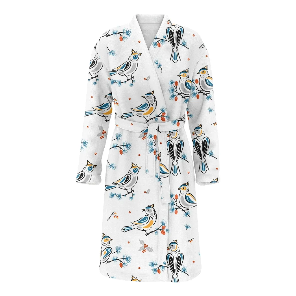 Winter Birds Pine Braches Leaves And Holly Berries Christmas Family Matching Kimono Bathrobe Satin Fleece Robe