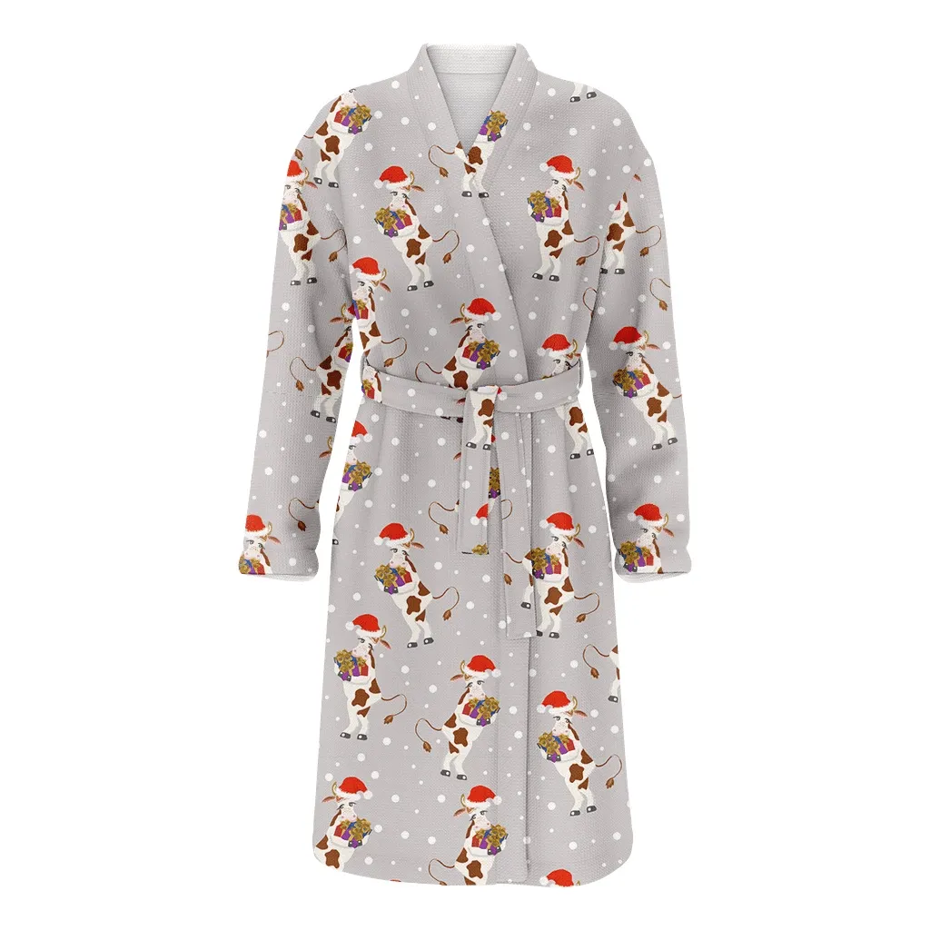 Winter Christmas Cow Wearing Santa Hat And Holding Gifts Family Matching Kimono Bathrobe Satin Fleece Robe