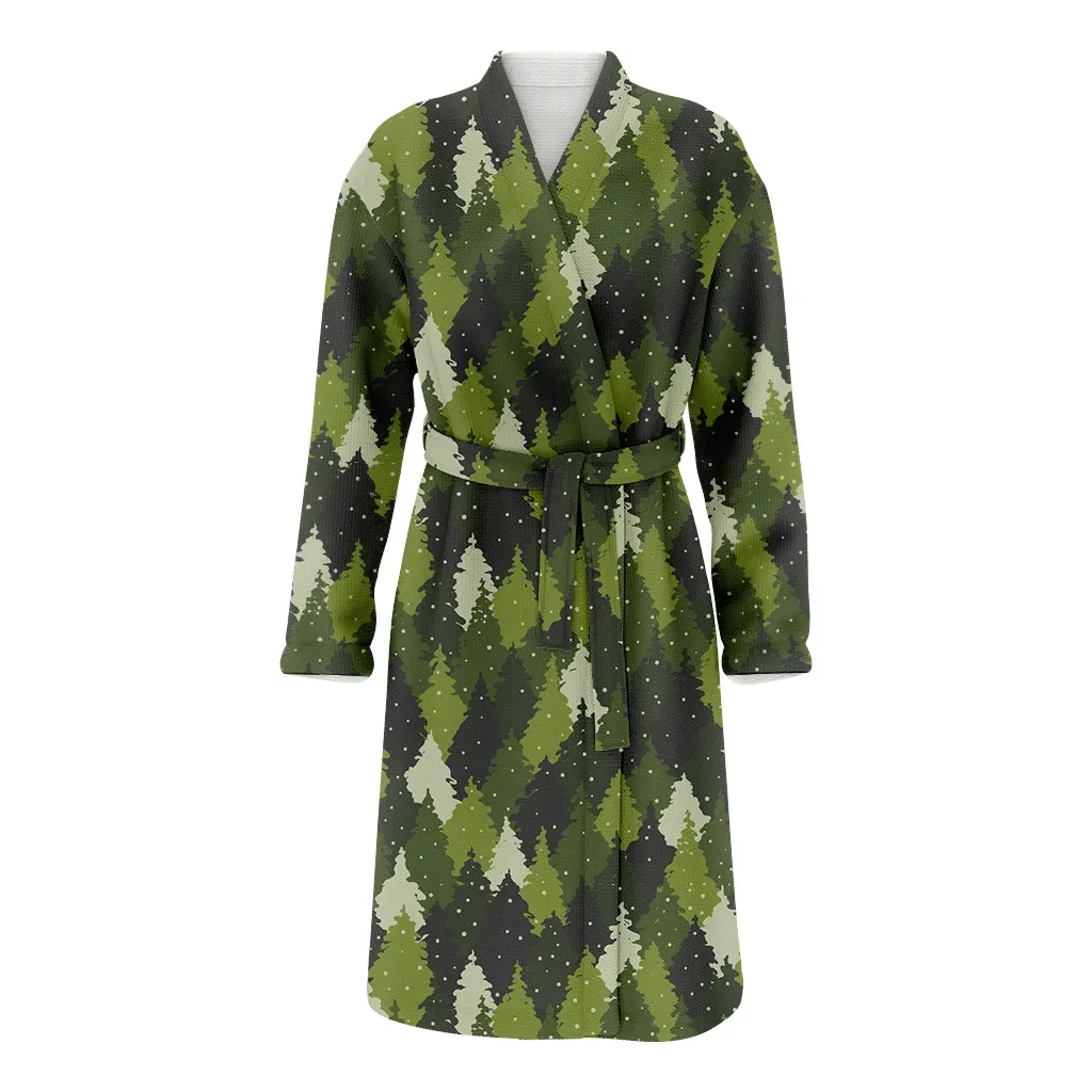 Winter Christmas Forest Landscape Camouflage And Snow Family Matching Kimono Bathrobe Satin Fleece Robe