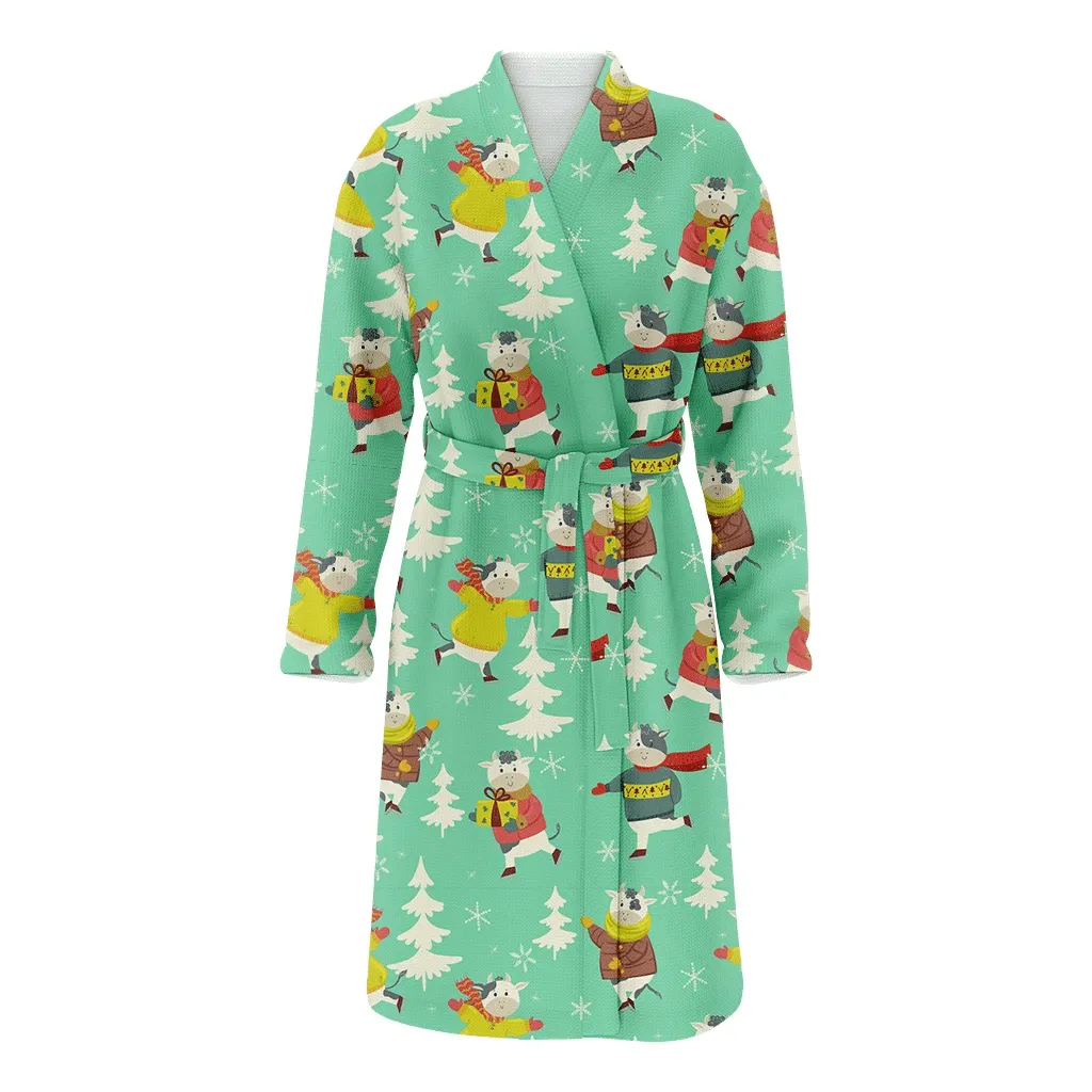 Winter Christmas The Cows Are Skating Family Matching Kimono Bathrobe Satin Fleece Robe