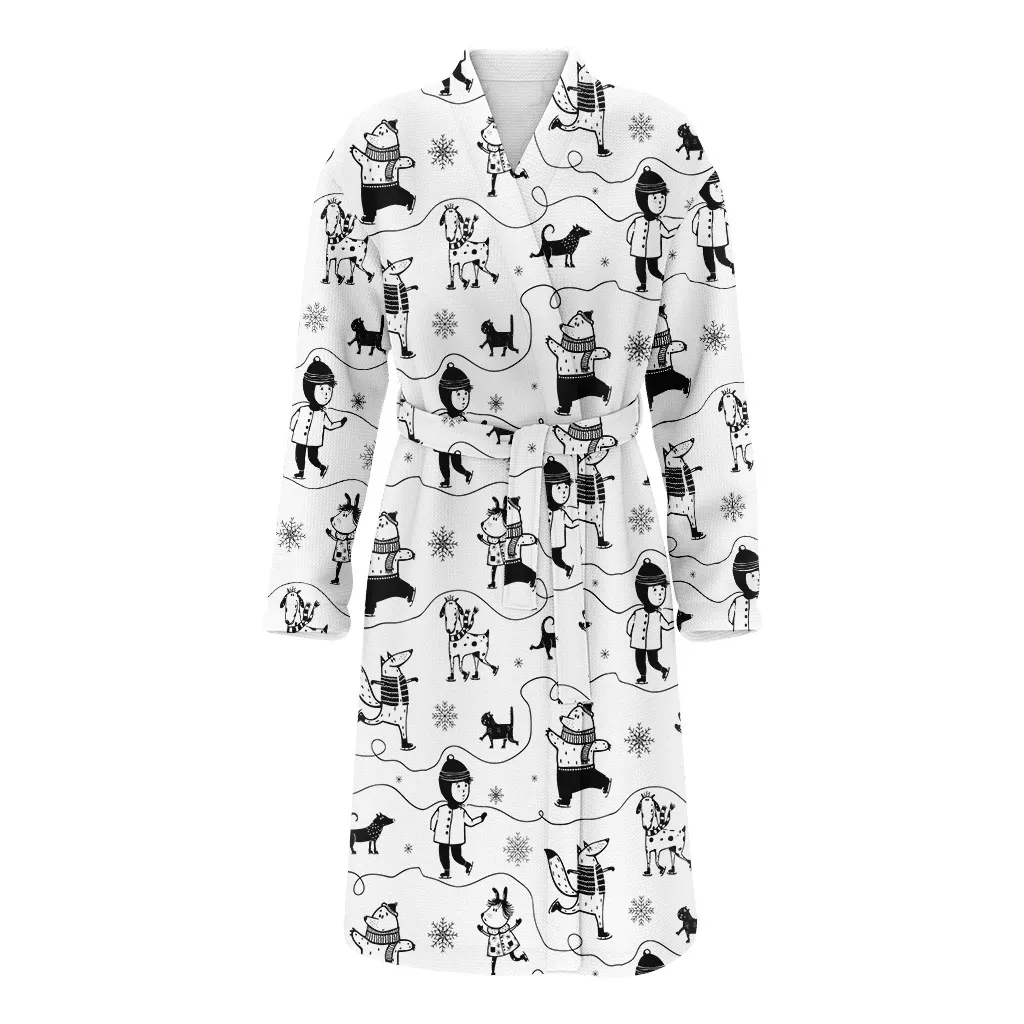 Winter Holidays Ice Skating Dog And Kid Christmas Family Matching Kimono Bathrobe Satin Fleece Robe