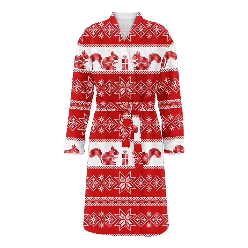 Winter Knitted Pattern With Squirrels And Snowflake Christmas Family Matching Kimono Bathrobe Satin Fleece Robe
